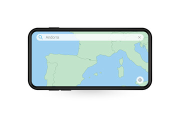 Fototapeta premium Searching map of Andorra in Smartphone map application. Map of Andorra in Cell Phone.
