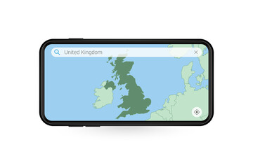 Searching map of United Kingdom in Smartphone map application. Map of United Kingdom in Cell Phone.