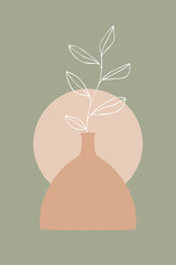 Pottery vase and leaf. Abstract Boho illustration. Vector illustration.