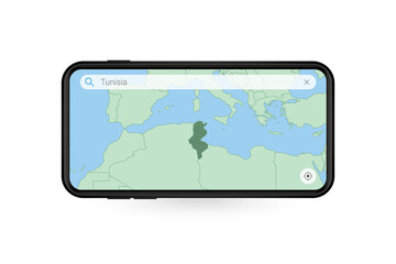 Searching map of Tunisia in Smartphone map application. Map of Tunisia in Cell Phone.