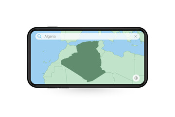 Searching map of Algeria in Smartphone map application. Map of Algeria in Cell Phone.