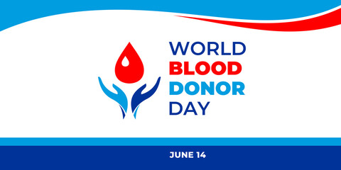 World Blood Donor Day. Vector web banner for social media, poster, card, flyer. Text World Blood Donor Day, June 14. The logo with the palms of the hands and a drop of blood on white background.