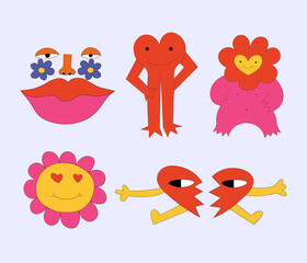 vector set of bizarre monsters characters.Romantic abstract valentine hippies.Funky groove stickers in the 60s and 70s style. Psychedelic strange animals.Freehand pink tattoo templates.crazy aliens