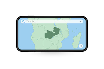 Searching map of Zambia in Smartphone map application. Map of Zambia in Cell Phone.