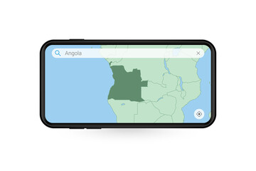 Searching map of Angola in Smartphone map application. Map of Angola in Cell Phone.