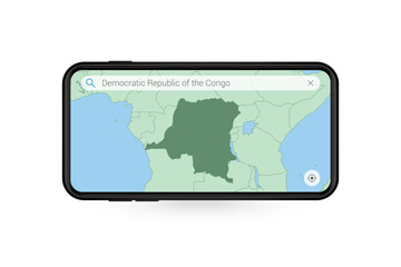 Searching map of DR Congo in Smartphone map application. Map of DR Congo in Cell Phone.