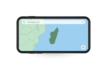 Searching map of Madagascar in Smartphone map application. Map of Madagascar in Cell Phone.