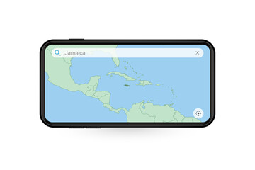 Searching map of Jamaica in Smartphone map application. Map of Jamaica in Cell Phone.