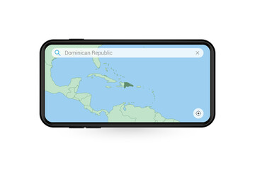 Searching map of Dominican Republic in Smartphone map application. Map of Dominican Republic in Cell Phone.