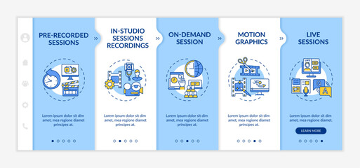 Remote event content onboarding vector template. Responsive mobile website with icons. Web page walkthrough 5 step screens. Recorded sessions, motion graphics color concept with linear illustrations