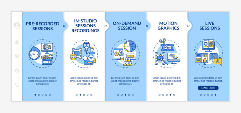 Remote event content onboarding vector template. Responsive mobile website with icons. Web page walkthrough 5 step screens. Recorded sessions, motion graphics color concept with linear illustrations