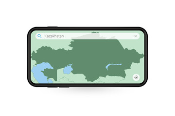 Searching map of Kazakhstan in Smartphone map application. Map of Kazakhstan in Cell Phone.
