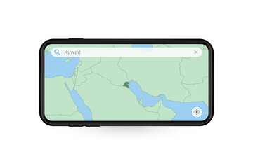 Searching map of Kuwait in Smartphone map application. Map of Kuwait in Cell Phone.