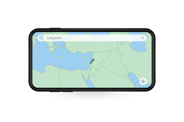 Searching map of Lebanon in Smartphone map application. Map of Lebanon in Cell Phone.