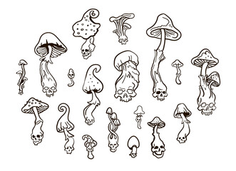 Magic mushrooms. Black and white illustration set Vector. Decorative element for halloween or pagan witchcraft theme, black magic Perfect for tattoo, textile, mystery