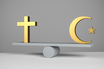 Equal rights concept: Equality of rligions. A christian cross and islamic star and crescent symbol...