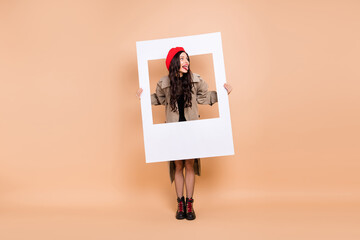 Full size photo of funny brunette girl hold frame stick out tongue fooling isolated on beige color...