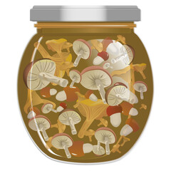 Pickled mushrooms in a jar. Salted mushrooms for the winter. Vector illustration