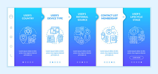 Smart content analytics criteria onboarding vector template. Responsive mobile website with icons. Web page walkthrough 5 step screens. Digital marketing color concept with linear illustrations