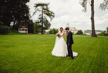 The groom in a suit and the bride in a wedding dress are walking in the park. A young couple walking in the park.