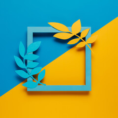 Border frame with colorful palm leaves on two tone blue and yellow background. Minimal product showcase or podium concept with copy space. Summer tropical layout. Flat lay, top view.
