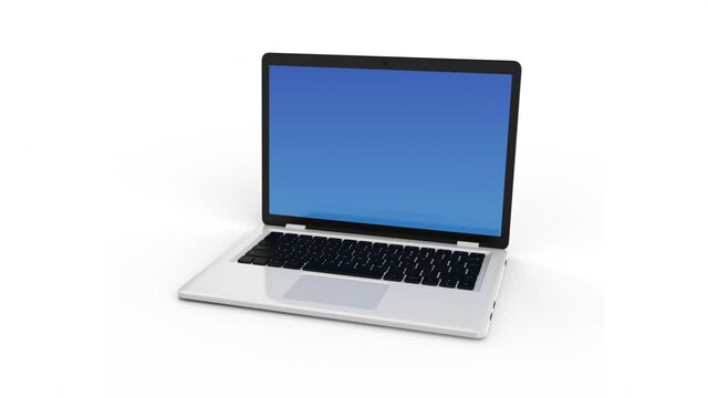 Modern laptop with blank, blue screen isolated on white background. Laptop appearing and disappearing. 4K Template, mockup. 3D animation has an alpha channel