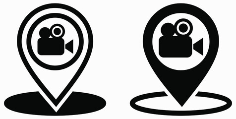 
Location and video camera. Geolocation of the cinema. Electronics store. Point of video shooting. Wind icon.