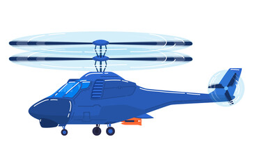 Air transport, modern helicopter, fast vehicle for air travel, design cartoon style vector illustration, isolated on white.