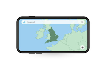 Searching map of England in Smartphone map application. Map of England in Cell Phone.