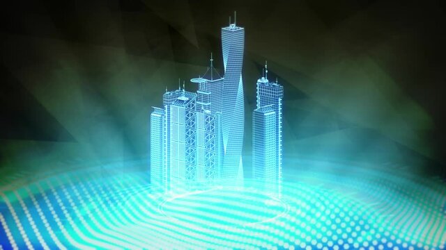 poligonal city buildings rotates, cg industrial 3D animation