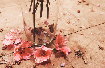Bottom of the glass bottle with branches and flowers 