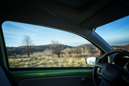 Traveling by car concept image, spring summer nature view from the car window