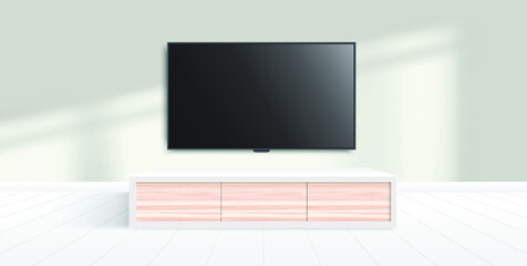Modern Smart Tv Mockup with blank screen standing on console, modern minimalist living room. vector illustration