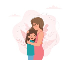 Mother s day greeting card. Mother and girl hugging. Vector illustration concept in flat style