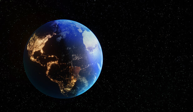 beautiful planet earth in space city lights. 3d render. north and south america