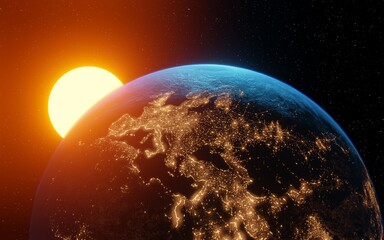 beautiful planet earth in space city lights solar disk. 3d render.