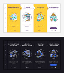 Investigation donation onboarding vector template. Responsive mobile website with icons. Web page walkthrough 4 step screens. Voluntary, government night and day mode concept with linear illustrations