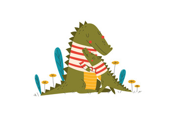 Animals baby, crocodile mother, family love for child, hand-drawn character, cartoon style vector illustration, isolated on white.