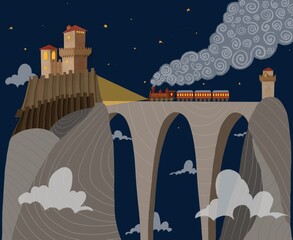 Fototapeta premium train is moving across the bridge to the castle at night