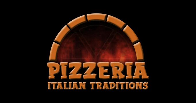 animated pizzeria logo on dark background with oven