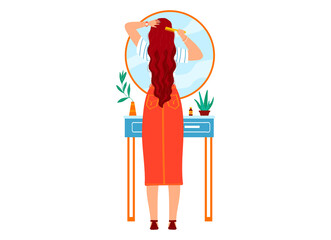 Female beauty, daily procedures, woman cares for long hair, brunette girl, cartoon style vector illustration, isolated on white.