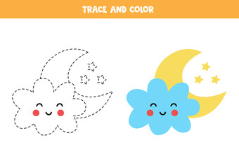 Fototapeta premium Trace and color cute kawaii cloud and moon. Worksheet for kids.