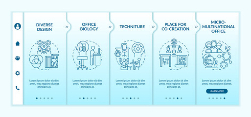 Workspace tendencies onboarding vector template. Responsive mobile website with icons. Web page walkthrough 5 step screens. Office biology, co-creation place color concept with linear illustrations