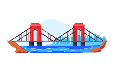 Road Brooklyn bridge over sea, colorful architecture USA, outdoors, design cartoon style vector illustration, isolated on white.