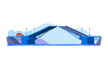 Automobile drawbridge over river, colorful architecture city, design cartoon style vector illustration, isolated on white.