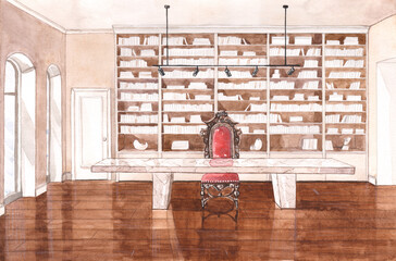 Watercolor sketch of the office room with the library, marble table, antique chair, windows, doors and wooden floor.