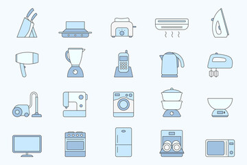 Home machines Icons set - Vector color symbols of refrigerator, vacuum, microwave, blender, oven, kettle and other appliances for the site or interface