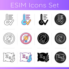 Prevent insomnia icons set. Comfortable bedroom temperature. Avoid bright lights before bedtime. Feather fluffy pillow. Linear, black and RGB color styles. Isolated vector illustrations