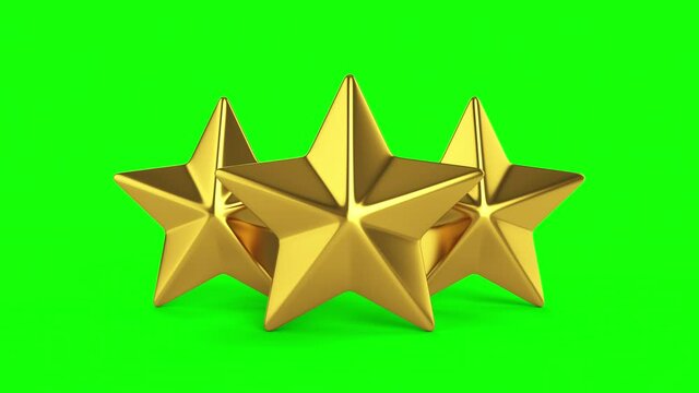 Gold stars. Rating stars. One, three and five gold stars appear and disappear against a green background. 4k animation with alpha channel.