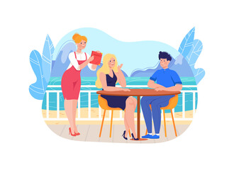 Business travel, woman and man at restaurant table, vacation trip, modern hotel, cartoon vector illustration, isolated on white.